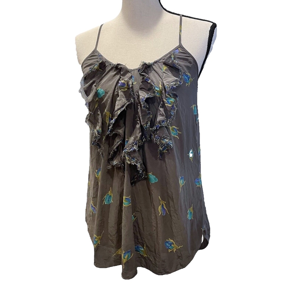 Rebecca Taylor Womens Tank Top Gray Blue Green Floral Print Silk Ruffle Cami 0